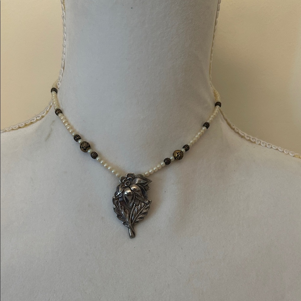 Vintage Beaded Necklace with Silver Floral Leaf Pendant | Boho Artisan Jewelry